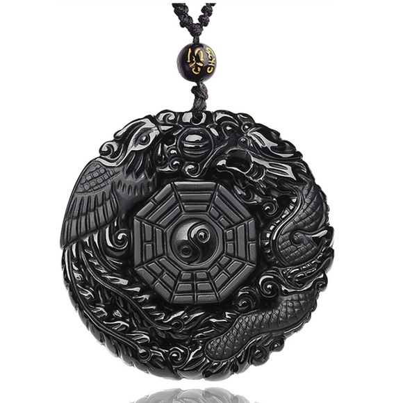 NWT Black Obsidian Adjustable Dragon Necklace with Natural Crystal - Picture 2 of 10